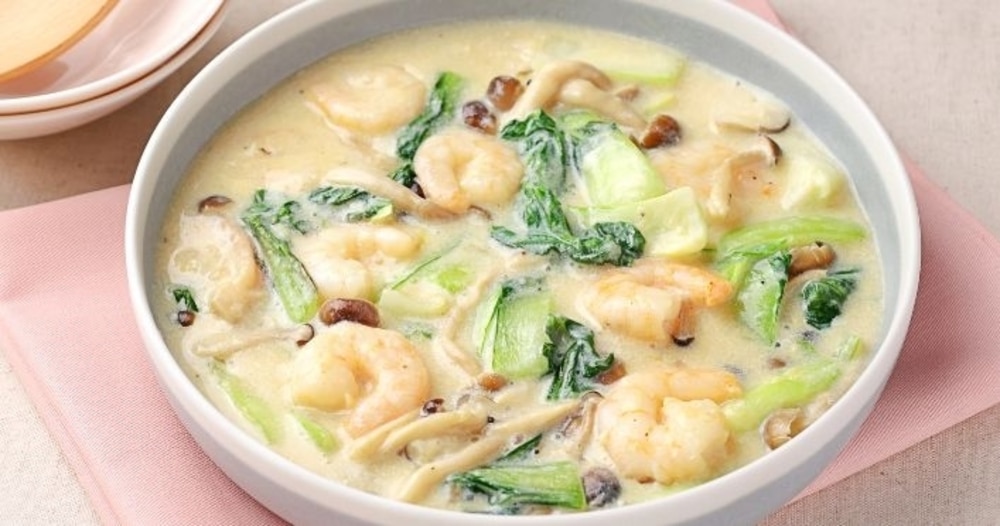 【主菜】チンゲン菜とえびの中華風豆乳クリーム煮